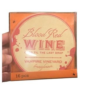 NIB‎ NEW Halloween Coaster Set of 16 pieces Blood Red Wine Vampire Vineyard